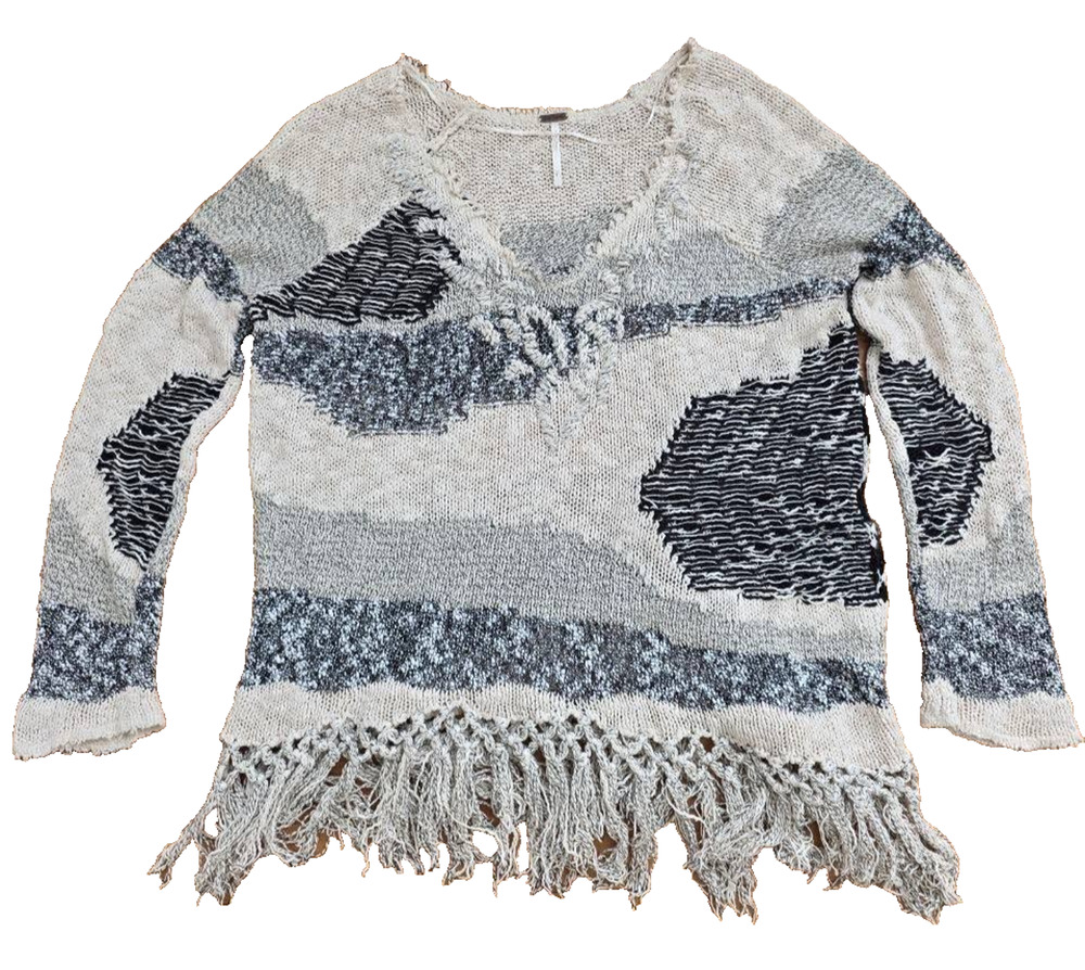 Free People Landscape Fringe Sweater Ivory/Black petite small A001396